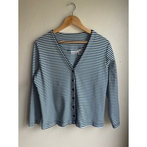 VTG Cabin Creek Womens Blue White Striped Cotton V-Neck Button Front Cardigan LG